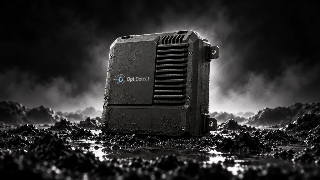 OptiDetect EDGE AI node, a rugged enclosure with cooling fins, concept visualisation